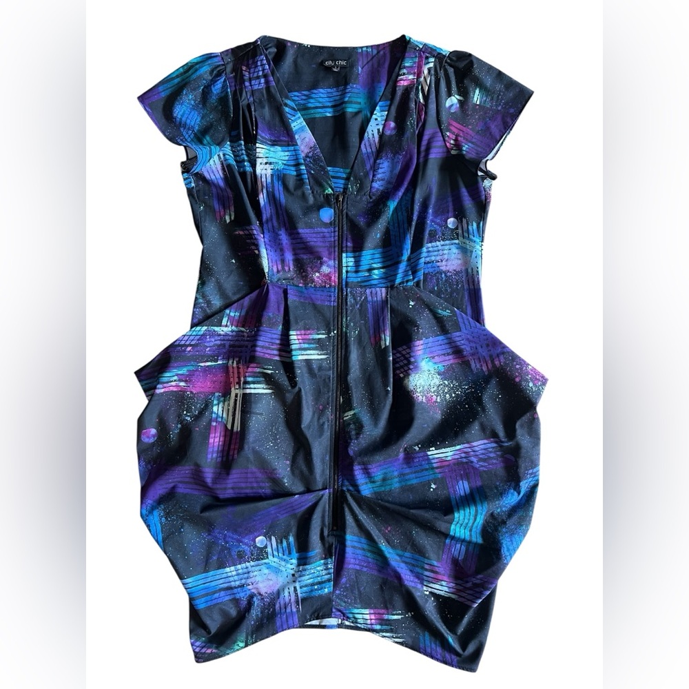 CITY CHIC Zipper-Front Abstract Outer-Space Party Dress Sz 16 Artsy Planets